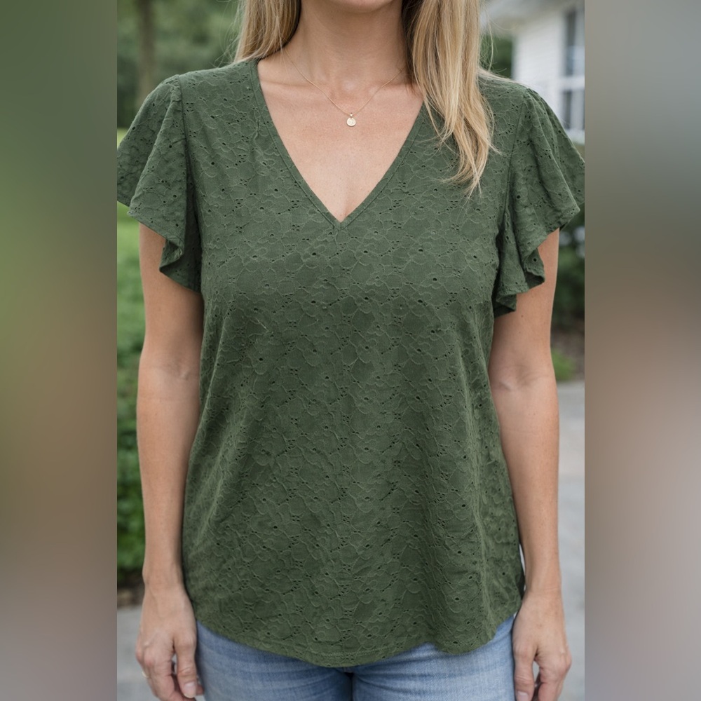 Michael Michael Kors Olive Green Eyelet Lace Top – Size L